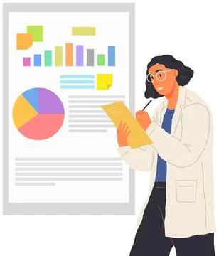 Scientist works with data analytics and research of statistics. Woman with loupe Illustrazione stock