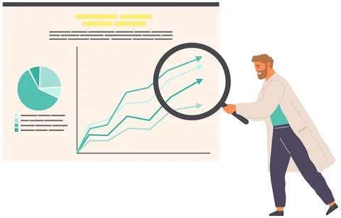 Scientist works with data analytics and research of statistics. Man with loupe Illustrazione stock