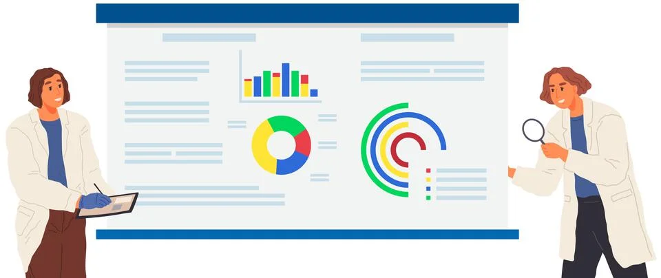 Scientist works with data analytics and research of statistics. Woman with loupe Stock Illustration