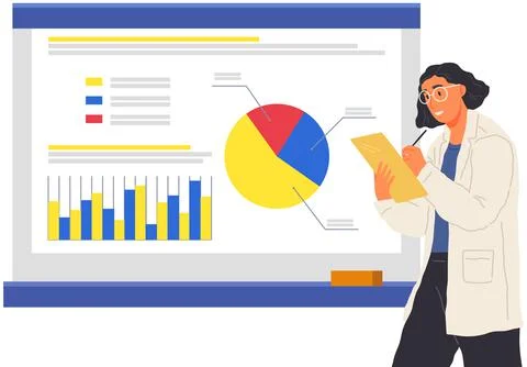 Scientist works with data analytics and research of statistics. Woman with loupe Illustrazione stock