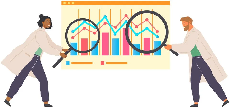Scientist works with data analytics and research of statistics. Man with loupe Stock Illustration