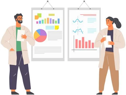 Scientist works with data analytics and research of statistics. Woman with loupe Illustrazione stock