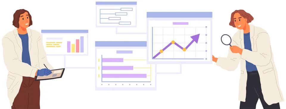 Scientist works with data analytics and research of statistics. Woman with loupe Illustrazione stock