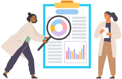 Scientist works with data analytics and research of statistics. Woman with loupe Illustrazione stock
