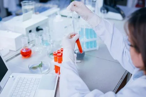 Scientist works in the lab with different testing tubes. Stock Photos