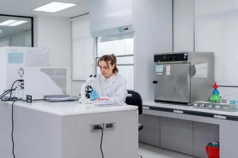 Scientist works in laboratory analyzing samples with microscope during day Stock Photos