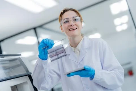 Scientist works in laboratory on experiments with samples in hands during d.. Stockfoto's