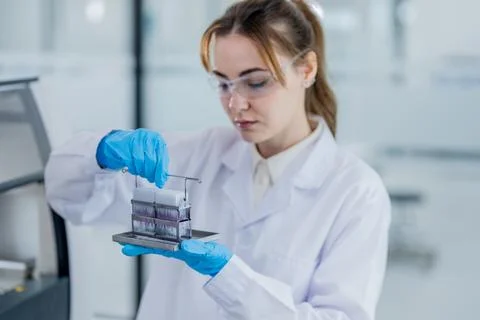 Scientist works in laboratory while handling equipment for research and ana.. Stockfoto's
