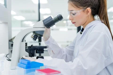 Scientist works at microscope in laboratory during research on biological s.. Stockfoto's