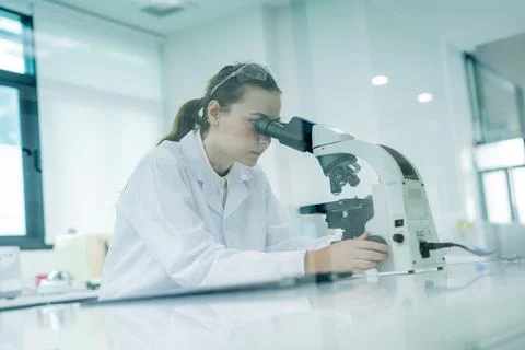 Scientist works with microscope in laboratory during daytime Stockfoto's