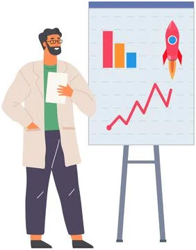 Scientist works with scheme of rocket launch and statistical data. Man conducts Illustrazione stock