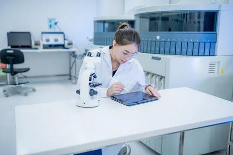 Scientist works with tablet and microscope in modern laboratory setting dur.. Stock Photos
