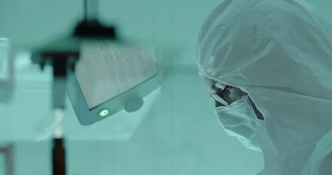 Scientist works with tablet in cleanroom Stock Footage 232901668