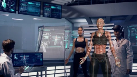Scientists Analyze Athlete Diagnosis Data on Transparent Tablets 스톡 동영상 121340723