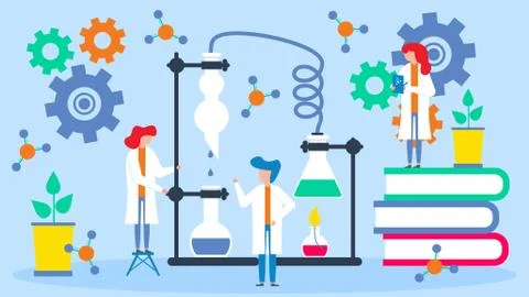 Scientists analyze data in lab vector illustration, telescope and atom, molecule Stock Illustration