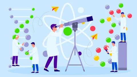 Scientists analyze data in lab vector illustration, telescope and atom, molecule Stock Illustration