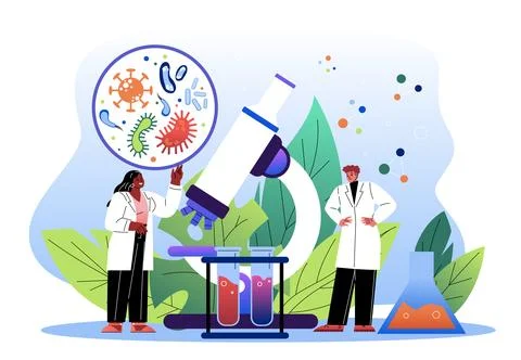 Scientists analyzing bacteria under a microscope. Stockillustratie
