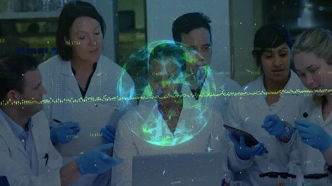 Scientists analyzing data on laptop in research lab, with holographic globe Stock Footage 308677989