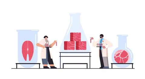 Scientists analyzing test tubes with cultured red raw meat made from animal Stock Illustration