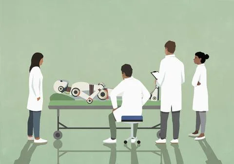 Scientists and doctors examining humanoid robot on examination table Stockillustratie
