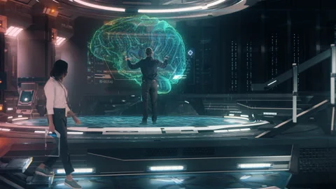 Scientists and Engineers work on 3D Simulated Neural Brain Holographic Interface Stock Footage 143922960