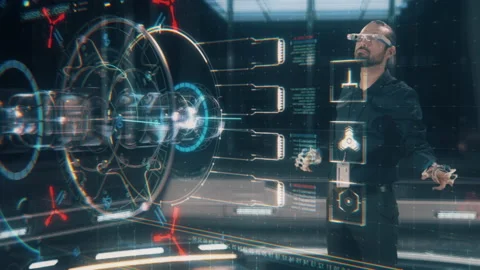 Scientists and Engineers work in Modern Research Facility using AR Technology Video stock 143444568