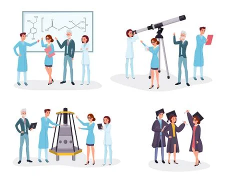 Scientists and graduates flat illustrations set. College students, chemists 库存插图