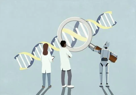 Scientists and humanoid robot examining DNA double helix with magnifying glass Stock Illustration
