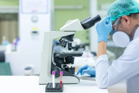 Scientists are studying research on the germs that cause COVID-19, the main c Stock Photos