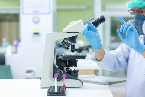 Scientists are studying research on the germs that cause COVID-19, the main c Stock Photos