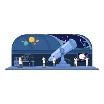 Scientists are working in an observatory with a telescope, exploring the Stock Illustration