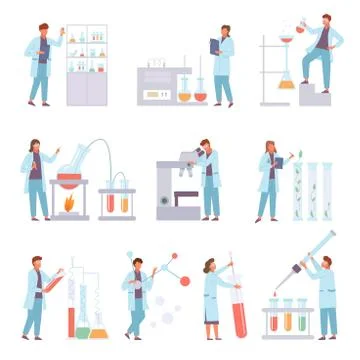 Scientists biochemical conduct laboratory experiments set. Data microscopy bi Stock-Illustration