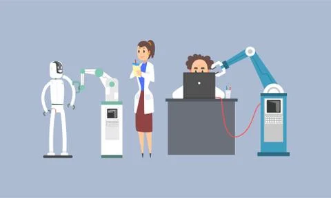 Scientists Characters Working with Mechanical Arms and Robots in Lab, Artificial Illustrazione stock