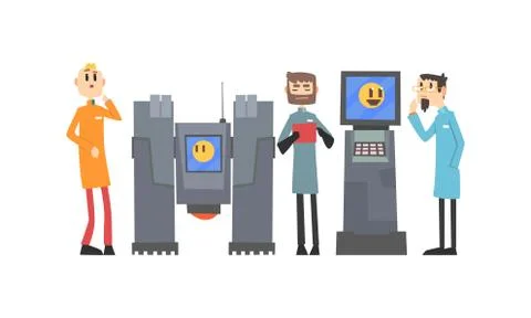 Scientists Characters Working with Robotic Machines, Artificial Intelligence Stock Illustration