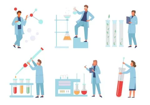 Scientists conduct biochemical experiments laboratory set. Checking molecular Stock Illustration