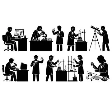 Scientists conducting experiments in laboratory with microscopes, beakers, .. Stock Illustration