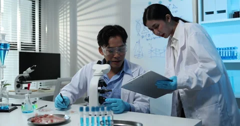 Scientists conducting laboratory research using a microscope 库存影片 343238822