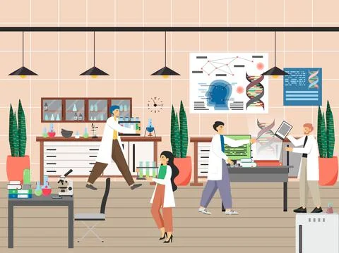 Scientists conducting scientific experiments, studying genes, flat vector 库存插图