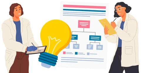 Scientists develop research with light bulb invention. Colleagues work with Stock Illustration