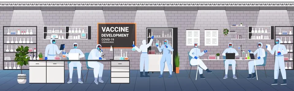 Scientists developing vaccine to fight against coronavirus researchers working Stock Illustration