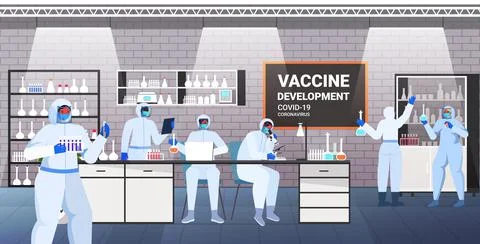 Scientists developing vaccine to fight against coronavirus researchers working Stock Illustration