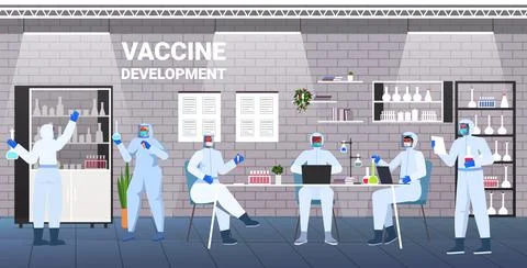 Scientists developing vaccine to fight against coronavirus researchers working Stock Illustration