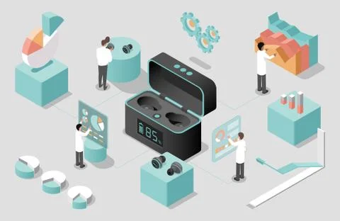 Scientists developing wireless headphones vector isometric illustration Stock Illustration