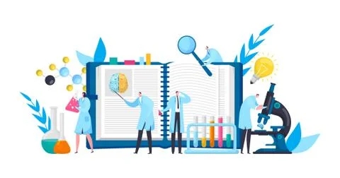 Scientists in discovery lab with book, microscope, experimental science flat Stock Illustration
