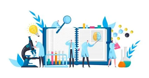 Scientists in discovery lab with book, microscope, experimental science flat Stock-Illustration