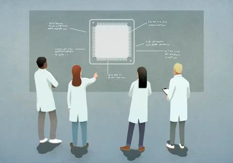 Scientists discussing computer chip diagram Stock Illustration