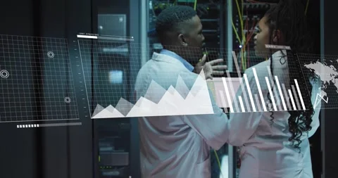 Scientists discussing data analysis over graph animation in server room Stock Footage 328932310