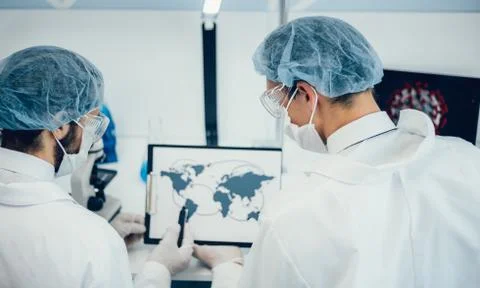 Scientists discussing information about the spread of the coronavirus. Elements 스톡 사진