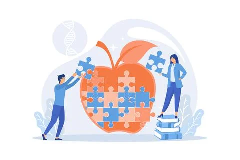 Scientists doing apple jigsaw puzzle. Genetically modified organism and eng.. Stock Illustration