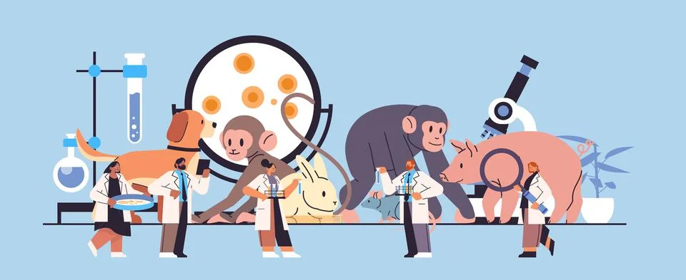 Scientists doing experiments in lab with animals bilogical genetic engineering Illustrazione stock
